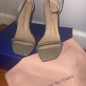 Stuart Weitzman Nudist Silver Glitter Ankle-Strap Sandals - Women's
